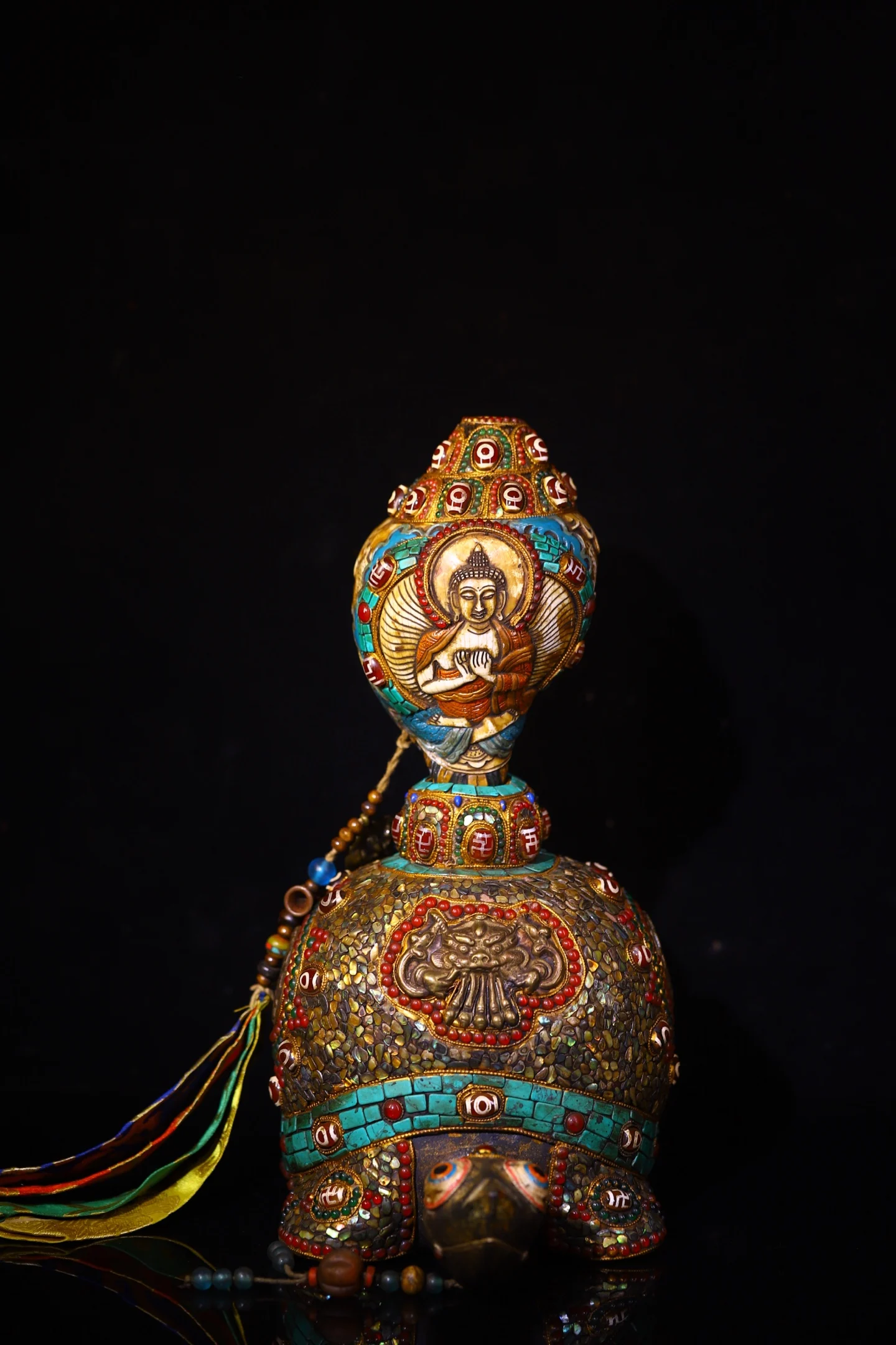 

13"Tibetan Temple Collection Old Meteorite Painted Mosaic Gem gZi Beads Turquoise Turtle Statue Base Buddha Conch Worship Hall