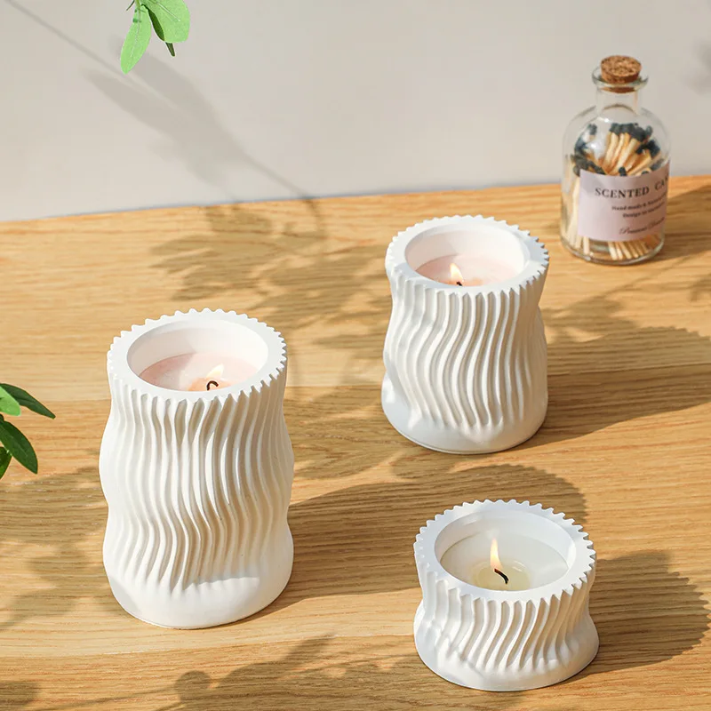 Wave Striped Candle Cup Clay Silicone Molds DIY Fragrance Wax Candle Storage Jar Gypsum Plaster Mould Table Organizer Resin Mold