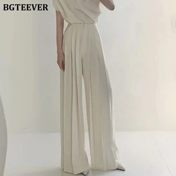 BGTEEVER Spring Summer Elegant Loose Women Pleated Trousers High Waist Pockets Chic Ladies Wide Leg Pants