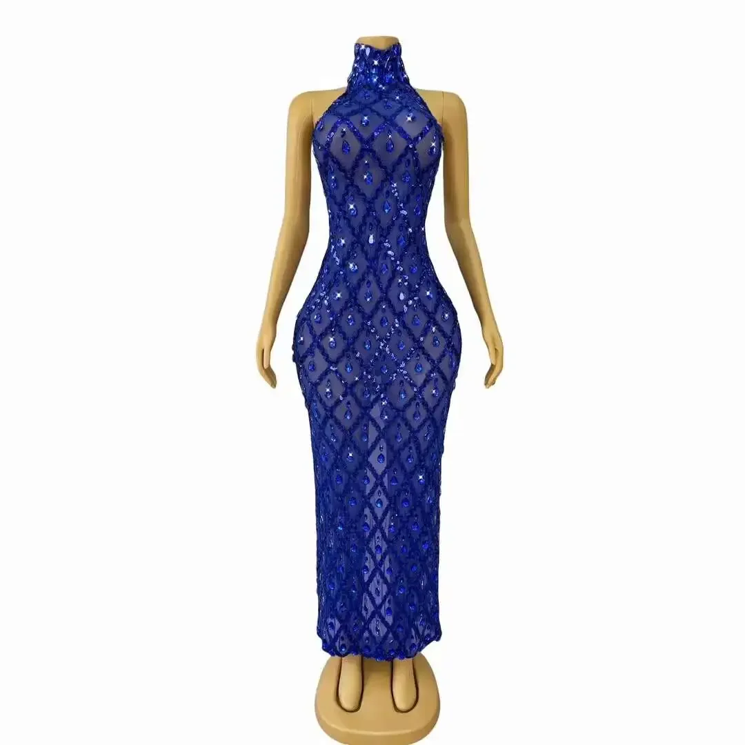 

Sexy Women Blue Party Prom Gown Shiny Rhinestone Halter Collar Sequin Maxi Dress Cocktail Wedding Guest Elegant Tank Costumes