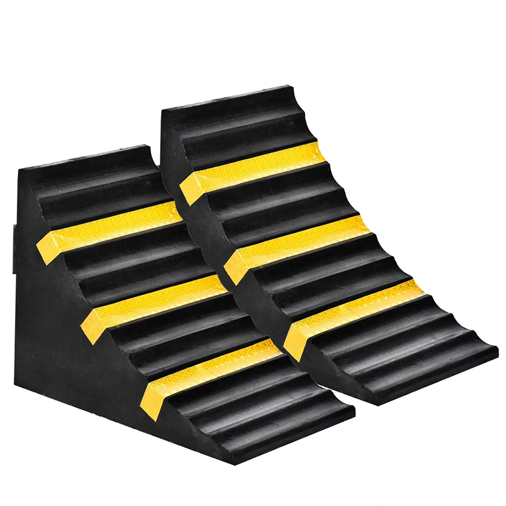 

2 Heavy Duty Extra Large Rubber Wheel Chocks With Reflective Yellow Stripes For RVs Trailers Trucks And Commercial Vehicles