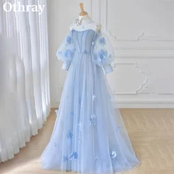 Othray Sky Blue Fairy Prom Dresses Puff Long Sleeves A Line Girl Sweet Birthday Evening Gowns Exposed Boning Wedding Robe