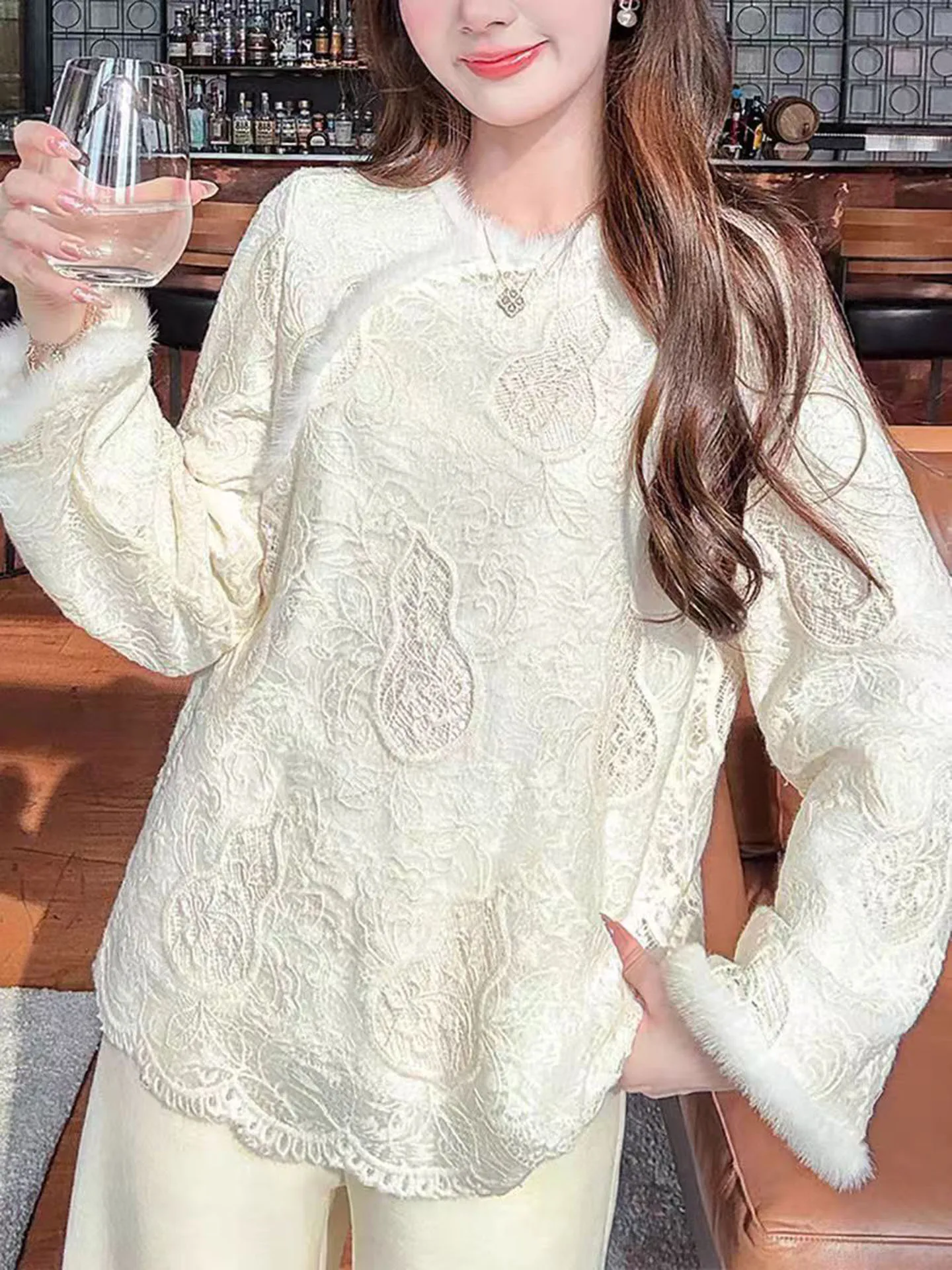 

Fleece Lined Knitted Sweater Women's Cotton Lace Embroidered Inner Shirt Water Rabbit Fur Soft Warm Loose Fit round Neck Top