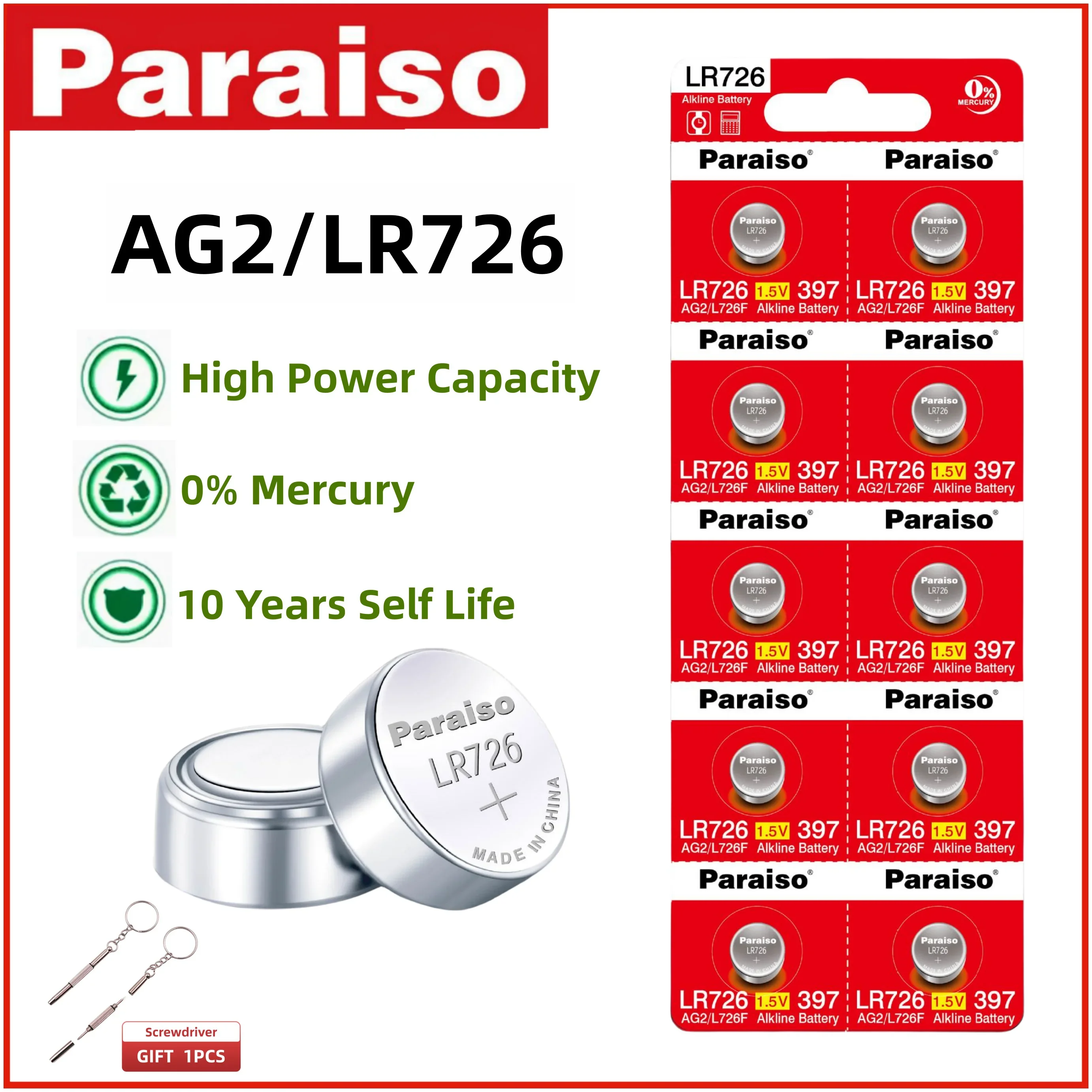 

Paraiso 2-50pcs Alkaline Battery AG2 LR726 SR726SW 10 Years Shelf Life 0% Mercury Silver Oxide 1.5V Button Cell Watch Batteries