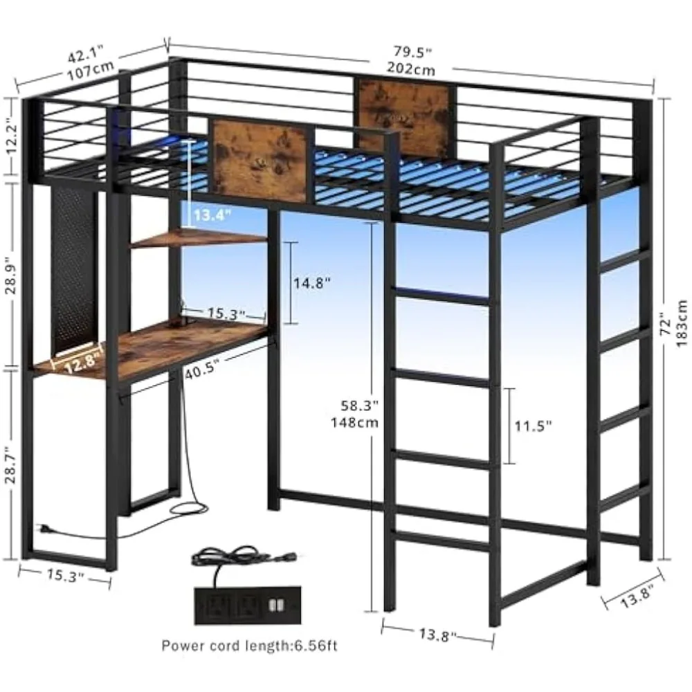 Loft Bed Frame com 2 escadas embutidas, camas LED iluminadas, mesa e prateleiras para adolescentes e adultos, tamanho duplo, tomada de energia