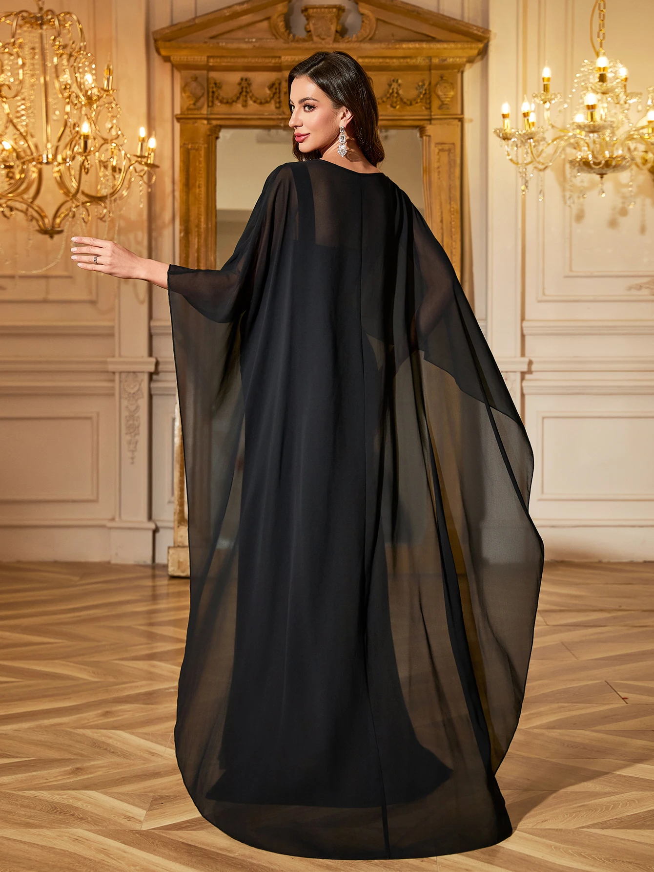 UNITHORSE Black Sequin Choker Neck Batwing Sleeve Evening Dress for Women Sexy Flared Hem Satin Prom Gown for Women