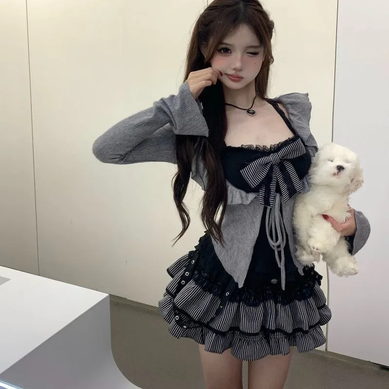 Gothic Y2K 3 Piece Outfit Women Sparkly Flare Sleeve Cardigan Big Bow Cami Striped Ruffle Mini Skirt Dark Coquette Lolita Spicy