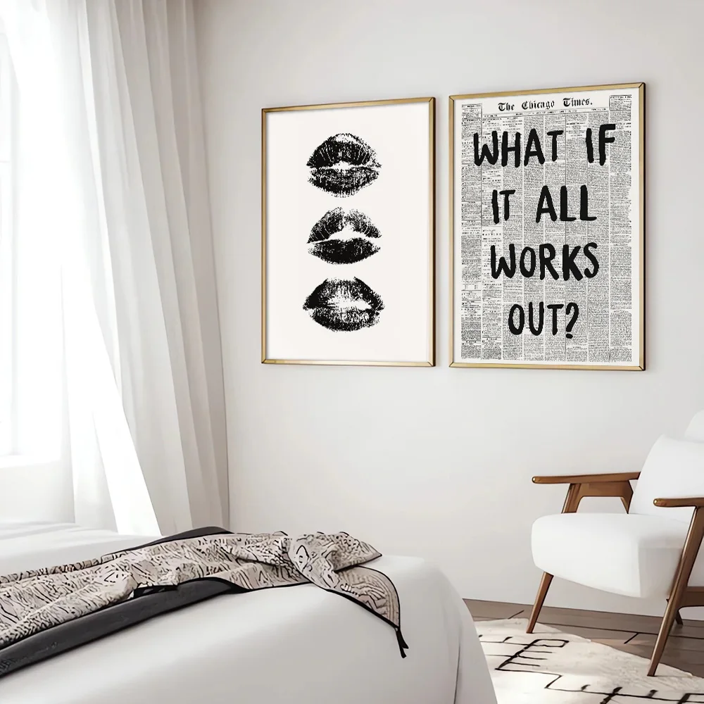 2Pcs Black White Kiss Lips Preppy Art Canvas Poster Aesthetic What If It All Works Out Retro Newspaper Print Home Decoration