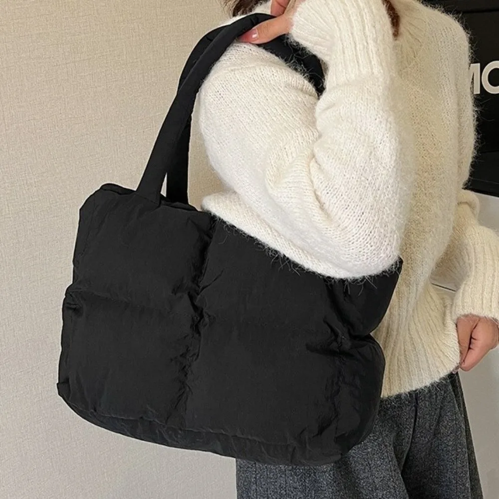 

Durable Large Capacity Top Handle Bag Waterproof Quilted Soft Texture Shoulder Bag Solid Color Plaid Down Commuting Bag Travel