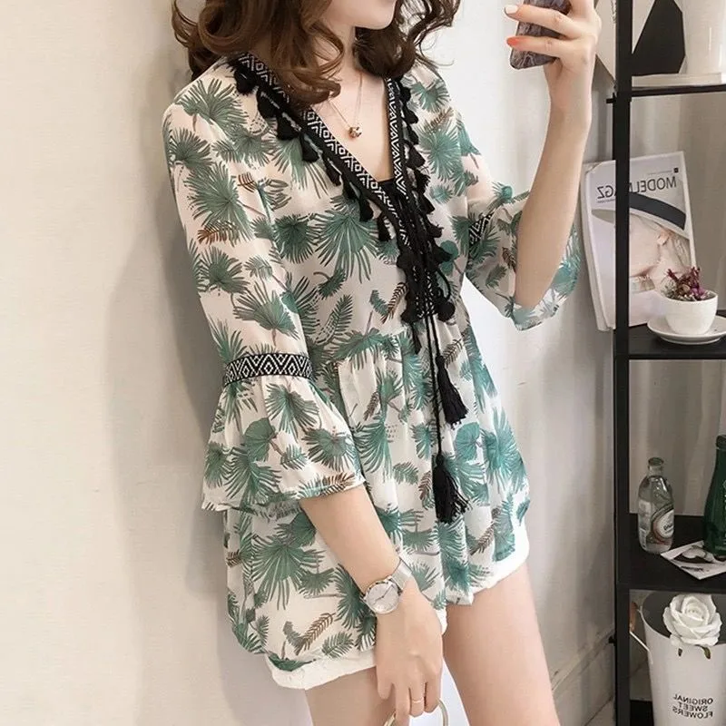 Pregnant Women Summer Korean Style Flower Pattern Chiffon Shirt Printed Maternity Top Loose And Comfortable Maternity Top LF005