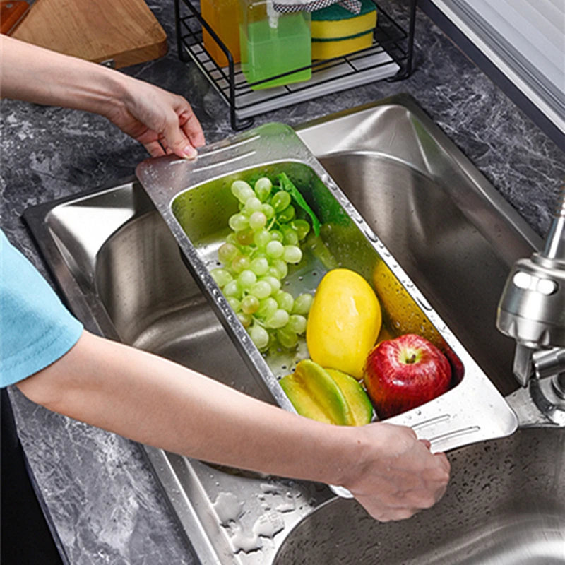 Stainless Steel Draining Rack Multifunctional Kitchen Sink Strainer Baskets Vegetable Fruit Bowl Storage Basket Household Tools