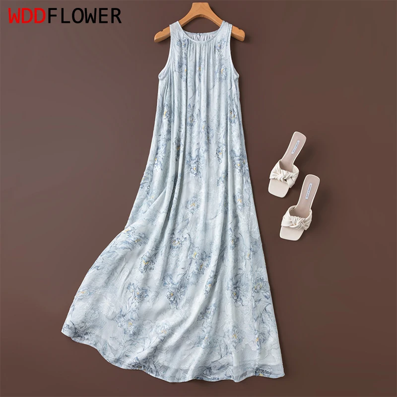 Women Silk Tank Dress 100% Mulberry Silk Blue Floral Printed Sleeveless A-Line Long Type Midi Dress with Lining Summer M1664