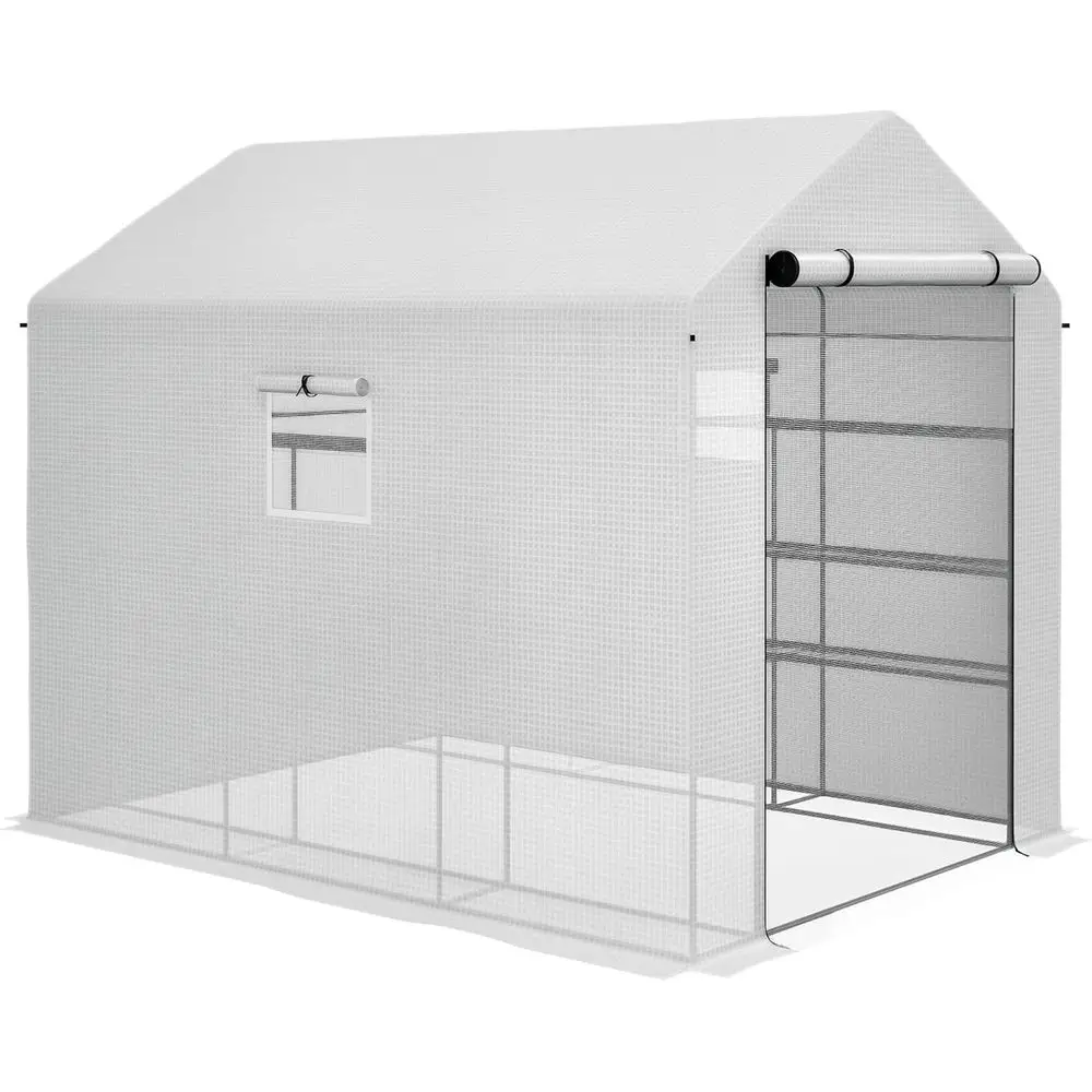 

6' x 7' PE Cover Walk-in Greenhouse with 4-Tier Shelves, Steel Frame, Roll-Up Door for Plants and Saplings