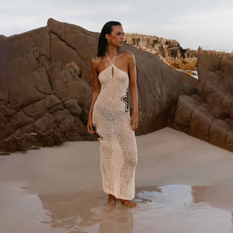 ชุดคลุมชายหาดถักนิตติ้งแบบเซ็กซี่ ซีทรู ผ่าข้าง ทรงบอดี้คอน ชุดเดรสฤดูร้อน ชุดคลุมบิกินี่ ชุดเดรสชายหาดแบบผูกคอสุดหรู