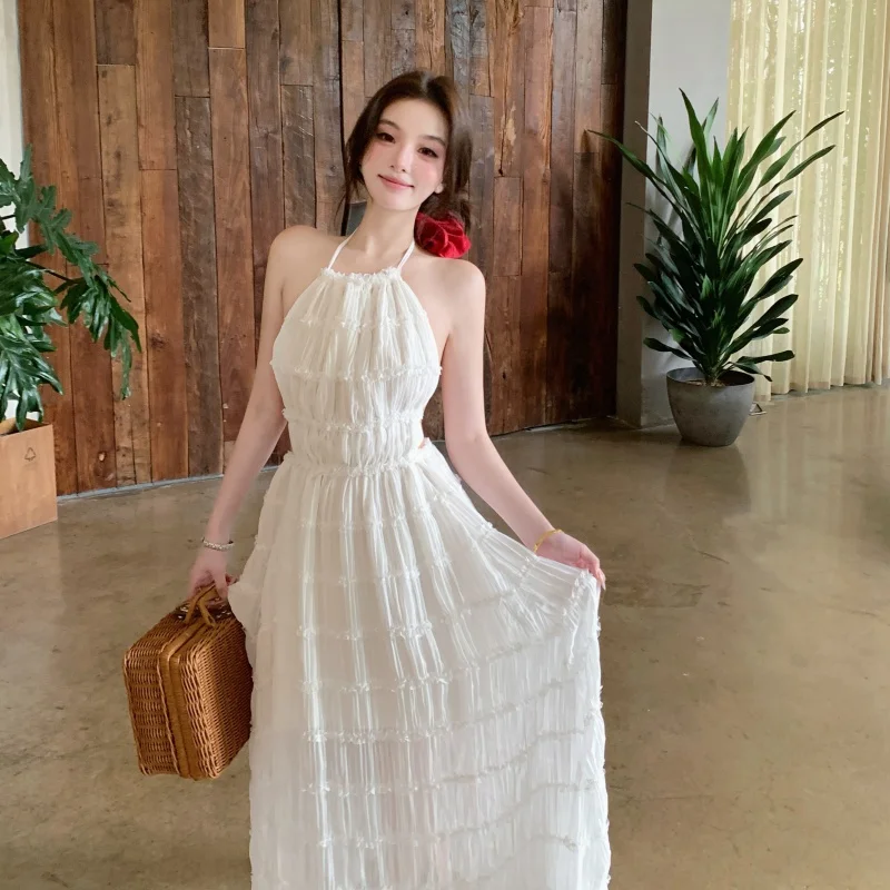 

Summer sweet temperament white lace long skirt backless skirt spicy girl elegant temperament vacation long skirt