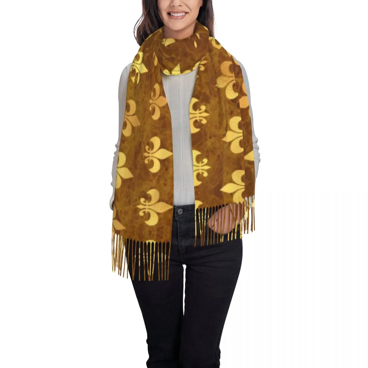 Luxury Royal Gold Brown Marble Fleur De Lis Tassel Scarf Women Winter Fall Warm Shawl Wrap Ladies Lily Flower Scarves