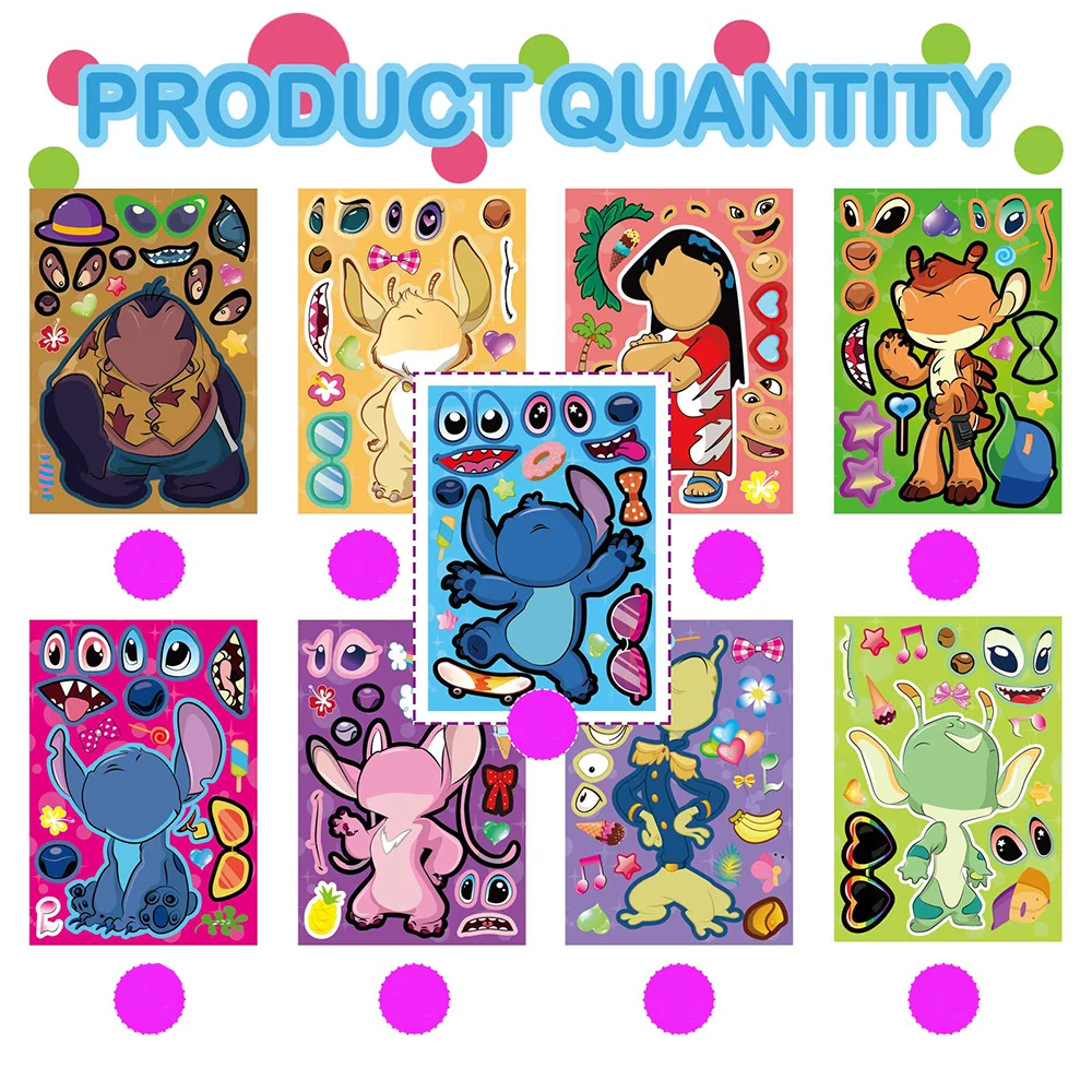 9/18sheets Disney Stitch Cartoon Puzzle Stickers Children Make a Face DIY Funny Kids Assemble Jigsaw Decals Toys for Party Game