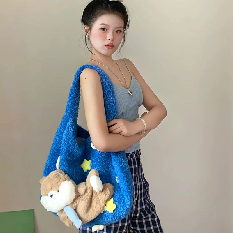 Creative Cartoon 3d Plush Tote Bag Star Dog Magnetic Buckle Large Capacity Shoulder Bag Casual Simple Commuting Storage Bag New