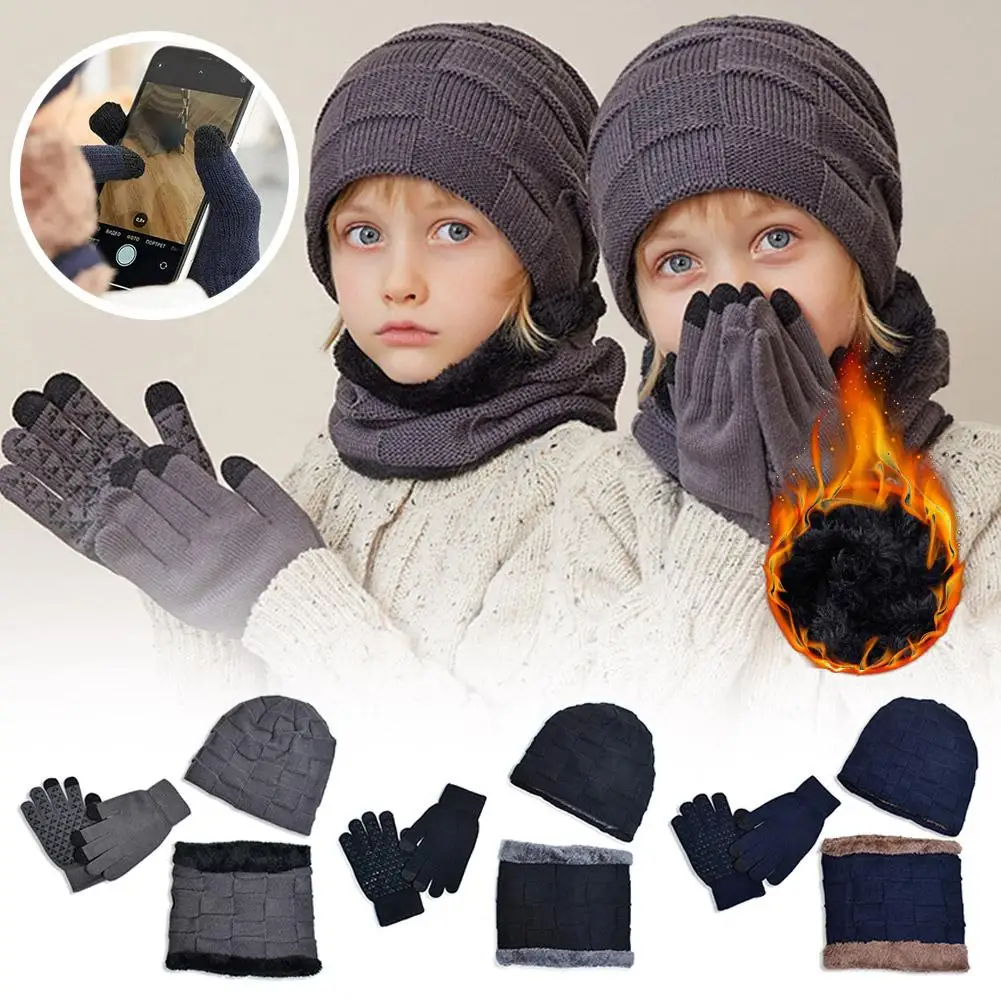 Winter Children's Hat Gloves Scarf Set Cozy Neck Warmer, Five Finger Gloves, and Knitted Hats for Kids Boys with Plush Lining