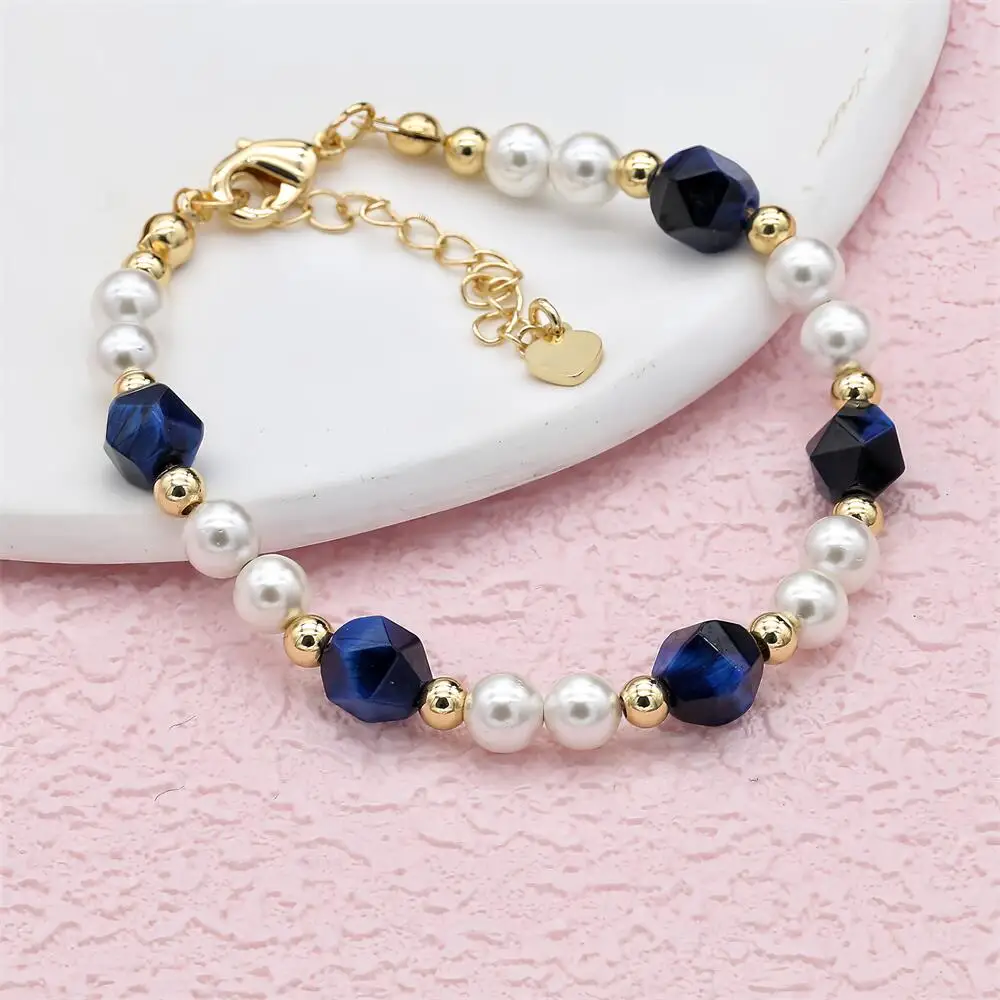 Handmade Elegant Exquisite Gold Plated Shell Pearl Blue Tiger Eye Stone Beaded Bracelet Women Pulseira Fashion Jewelry