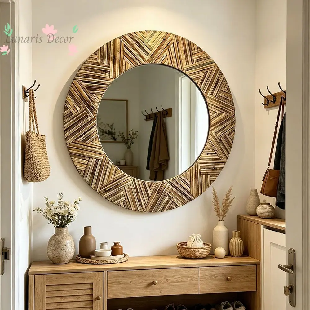 Nordic vintage natural wood decorative mirror, distressed wooden frame, entrance hall living room feature wall decorative mirror