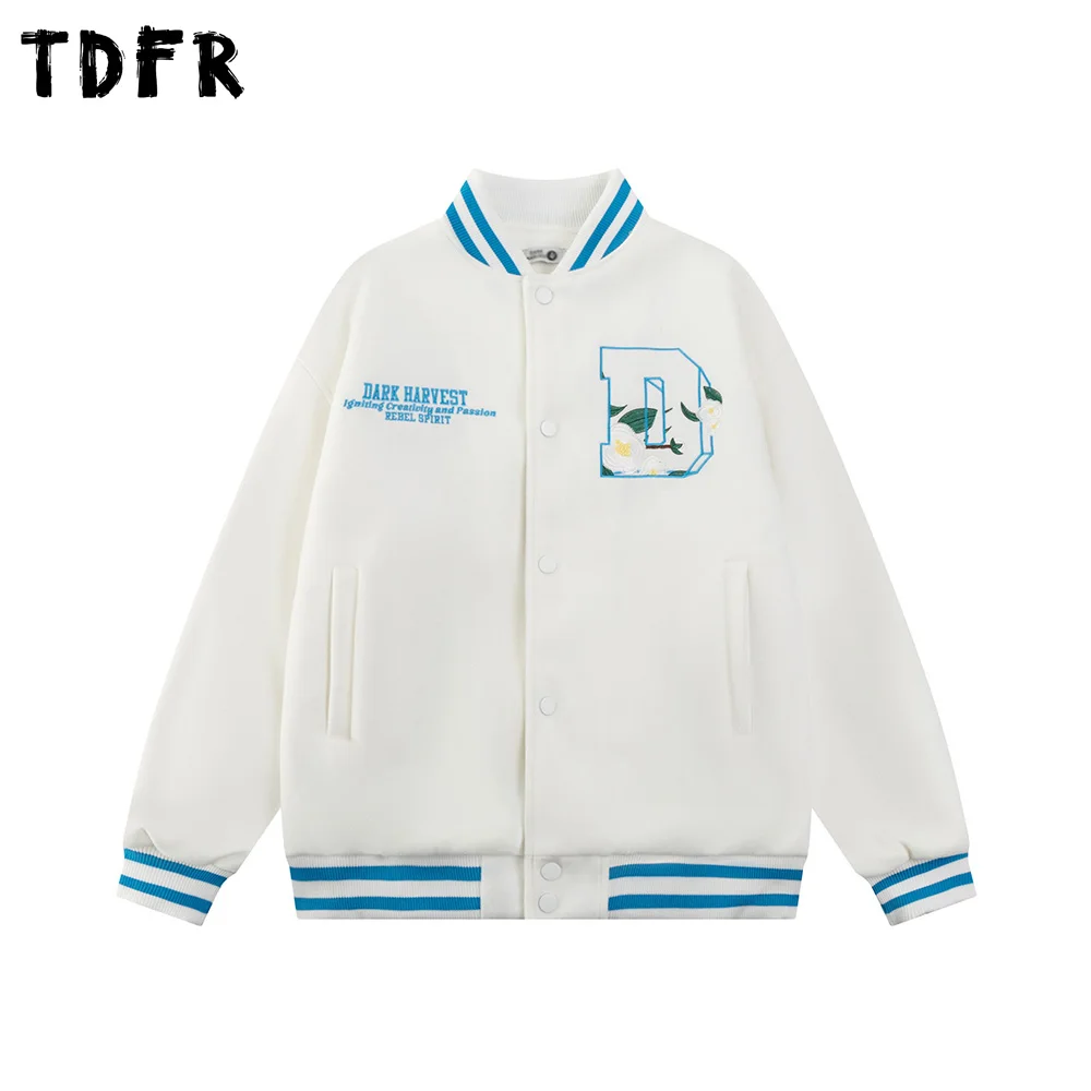 Flower Letter Embroidery Baseball Quilted Jacket Mens Spring Retro Streetwear Single Breasted Contrast Stand collar Outerwear