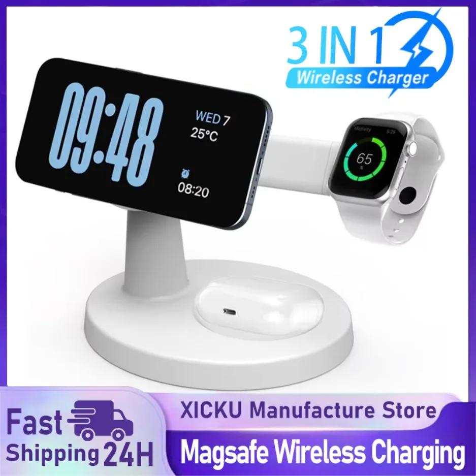 3 In 1 Magnetic Wireless Charger Stand For Magsafe iPhone 16 15 14 13 Pro Max Apple Watch 9 8 AirPods Pro Fast Charging Station