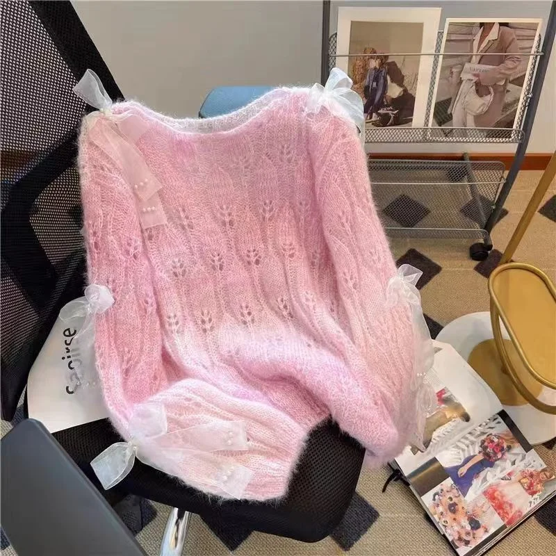 Suéter de Punto de Manga Larga para Mujer, Estilo Otoñal Dulce, Diseño de Nudo de Mariposa, Suave y Hoado, Estilo Japonés I...