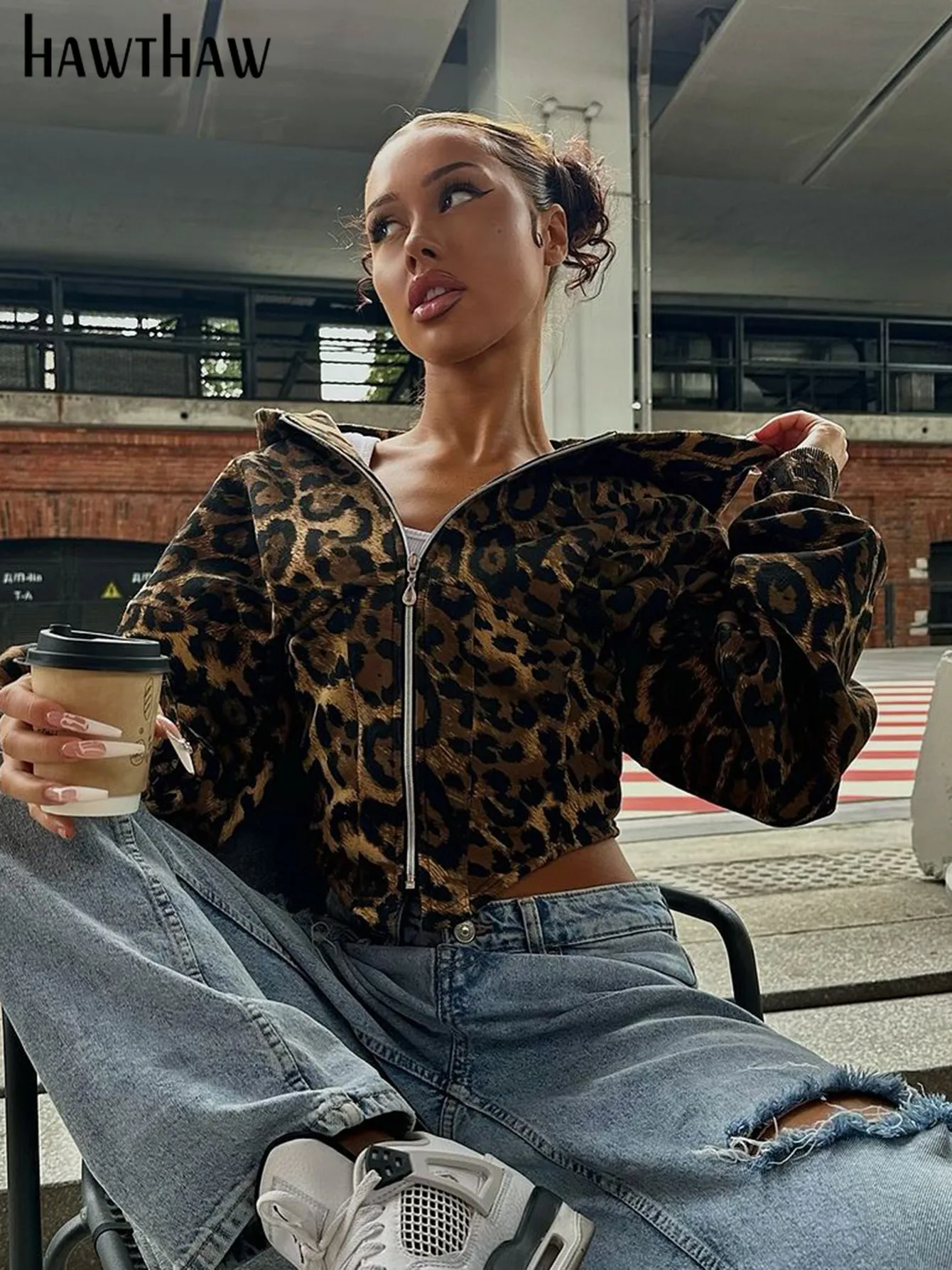 Hawthaw Women 2024 Spring Autumn Long Sleeve Zipper Leopard Hooded T Shirts Tops Hoodie Coat Wholesale Items For Business