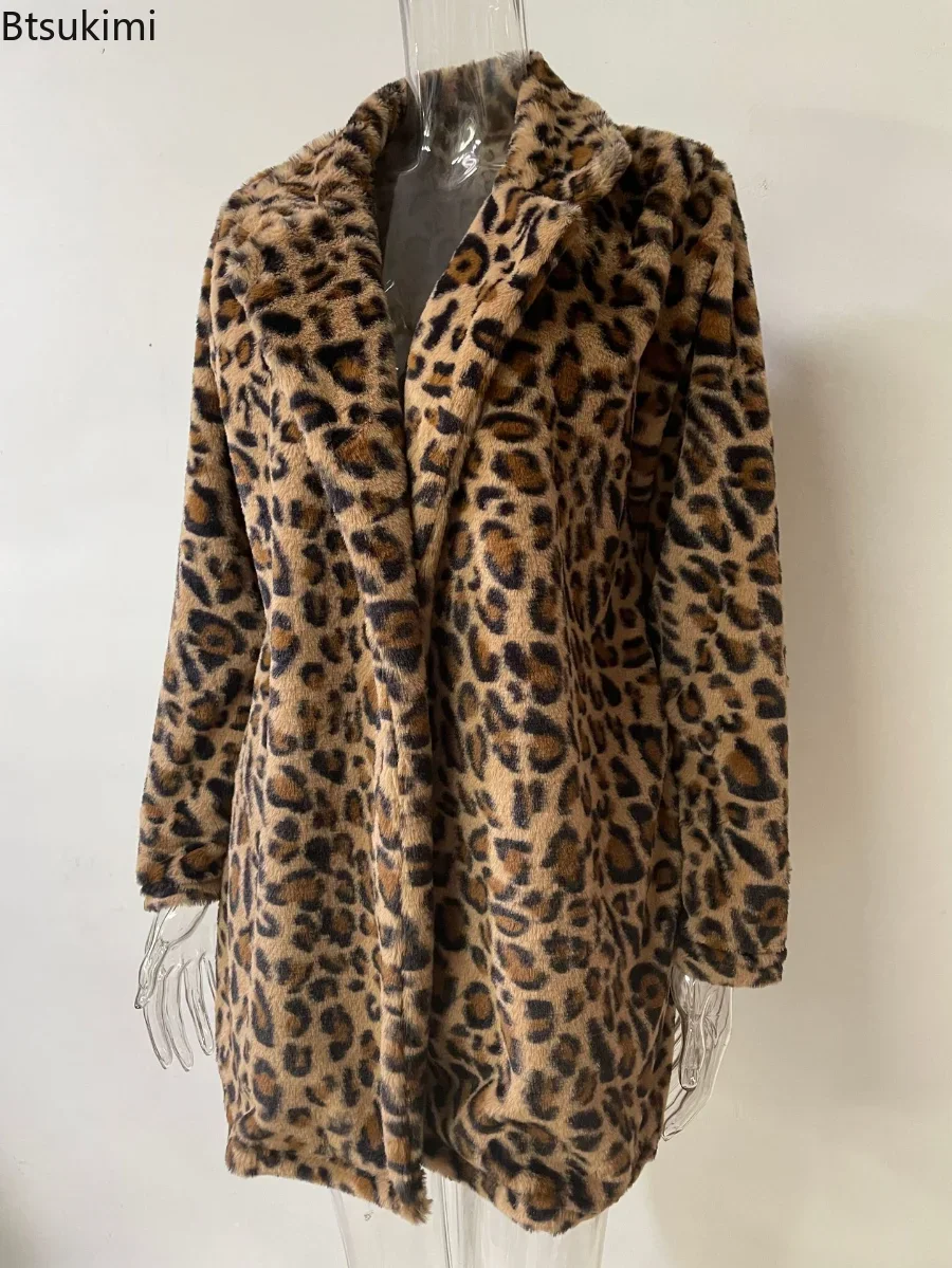 Casaco de couro de comprimento médio feminino, jaqueta de manga comprida com bolso, fino, casual, estampa leopardo, costura, outono, inverno, novo