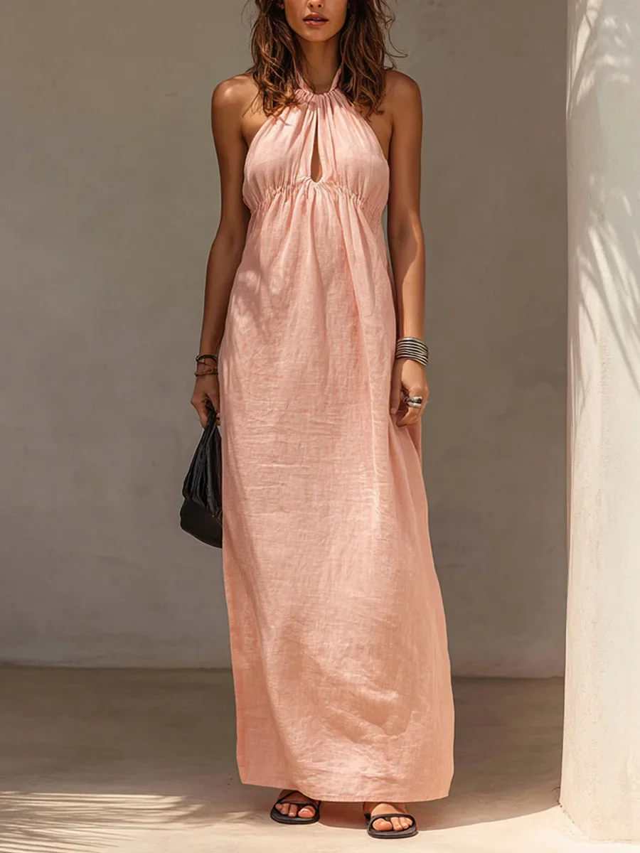 2026 New Summer Women's Dress Solid Color Hanging Neck Hollow Elastic Waist Casual Fashion Backless Long Dress