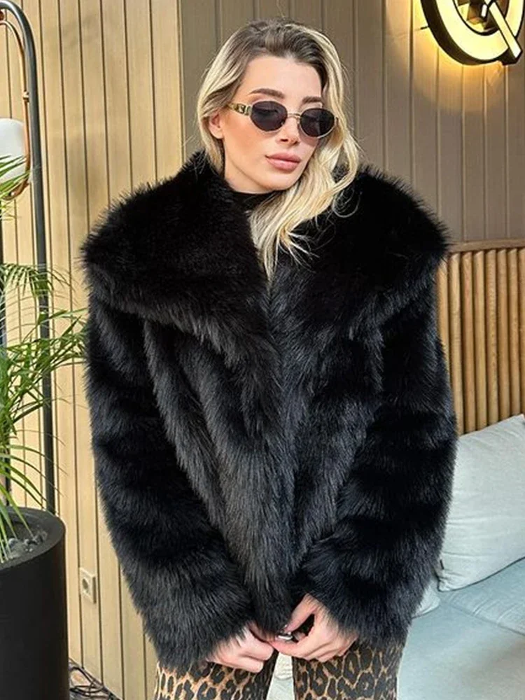 Luxury Lapel Faux Fur Jacket Women 2024 Newest Fluffy Long Sleeves Furry Coat Female Warm Gorgeous Ladies High Street Outerwear