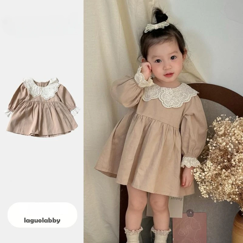 

2025 Spring Autumn Girls Dress Baby Clothing Khaki Kids Birthday Dresses for Girls Princess Outdoor Dress Baby Dress