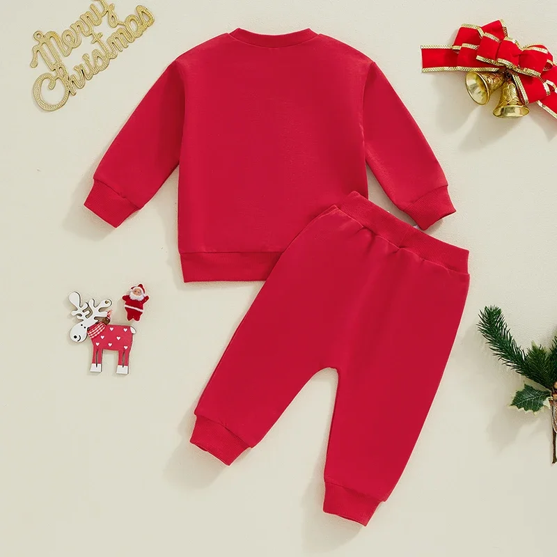 SUNSIOM 0-3 Years Baby Christmas 2 Piece Outfit Santa Embroidery Long Sleeve Sweatshirt and Elastic Waist Pants Fall Clothes