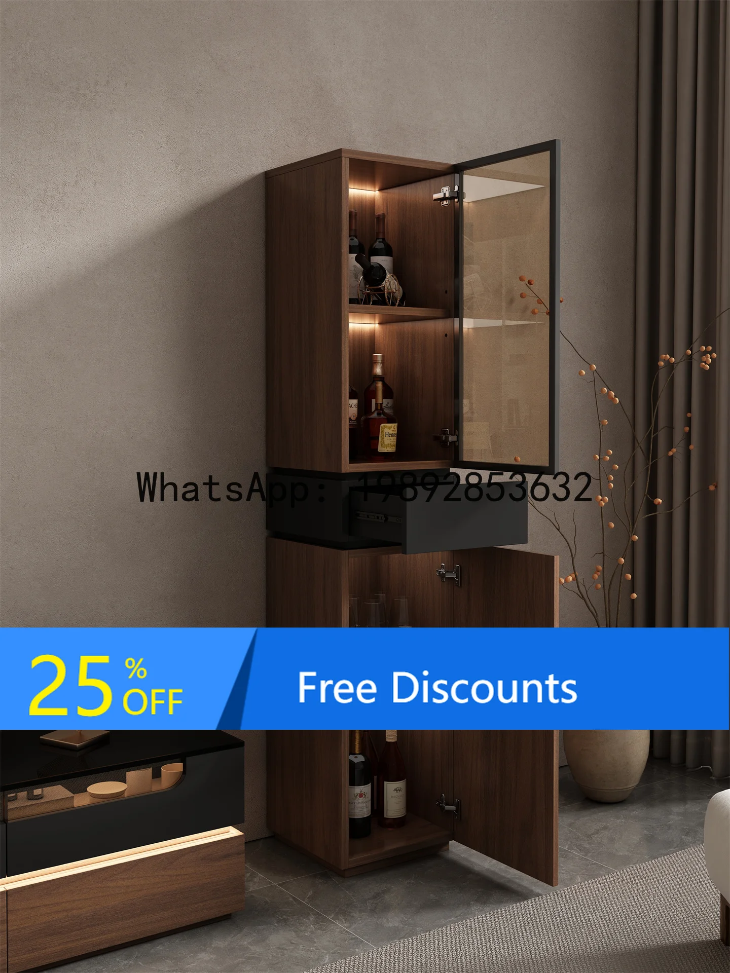 

YFY Italian Minimalist Solid Wood Wine Corner TV Sofa Side Glass Display Wall Corner Storage