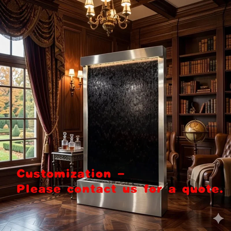 custom.Modern Stainless Steel Frame Tempered Black Glass Waterproof Multi-Functional Translucent Floor Standing Waterfall Founta