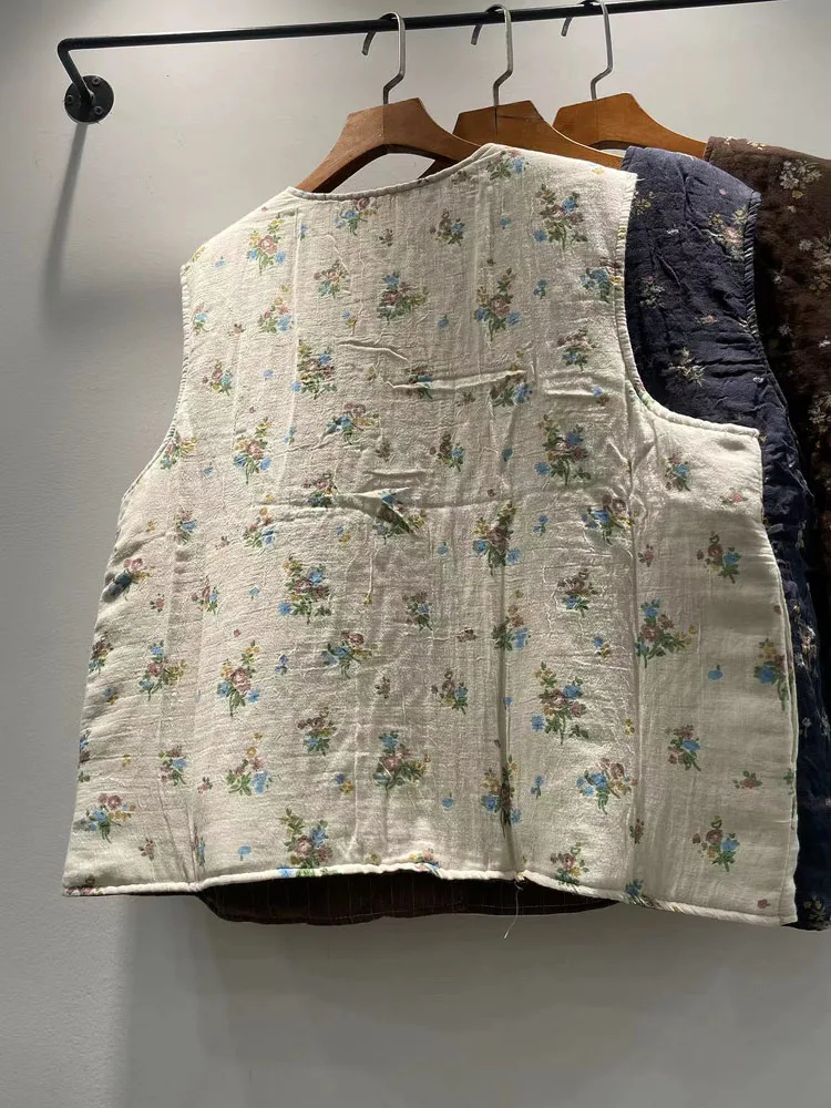 Chaleco de algodón Thiened para mujer de invierno con estampado Floral versátil Jaet redondo Ne cierre de un solo botón algodón 00% Faionable