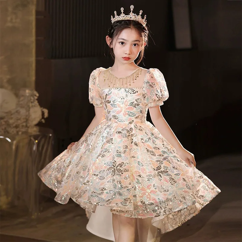 

Gorgeous Girl Flower embroidery sequin Princess Dress baby Child Party Pageant Birthday Ball Tailed gown Wedding dresses