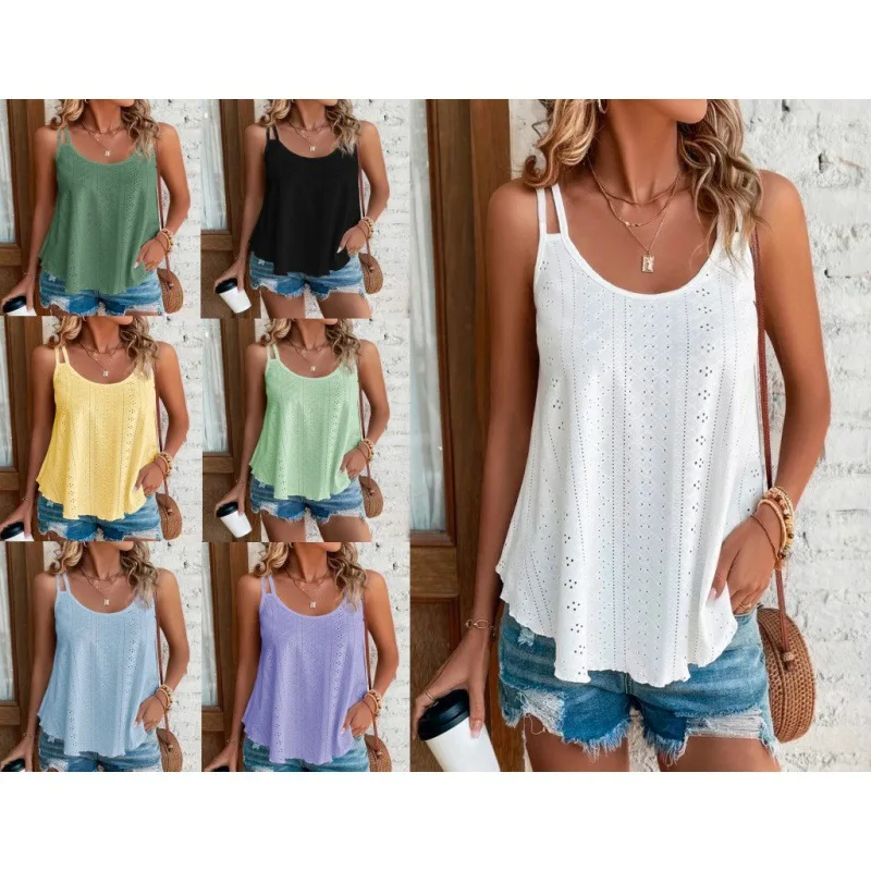 Summer Hollowed Out Besign Embroidered Decoration O-shaped Collar Sleeveless Casual Loose Top Women\'s Camisole Vest