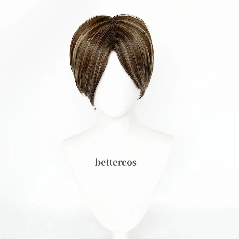 Leon Scott Kennedy Short Brown Color Highlights Styled Heat Resistant Hair Cosplay Costume Wig   Free Wig Cap