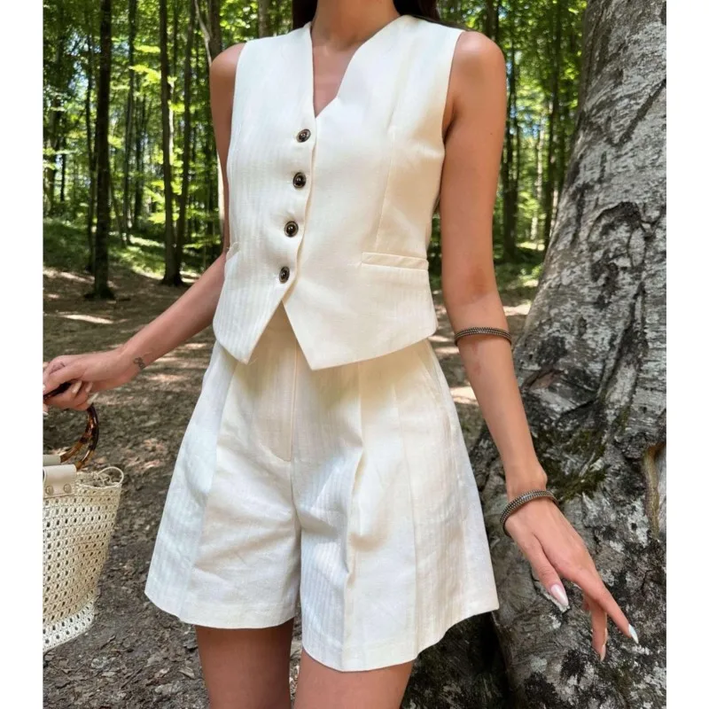 Two Pieces Set Outfits for Women Vest Casual Suit Fashionable Shorts Sets Jacket Top Shorts Solid Two-piece Set Trf Clothes Sets