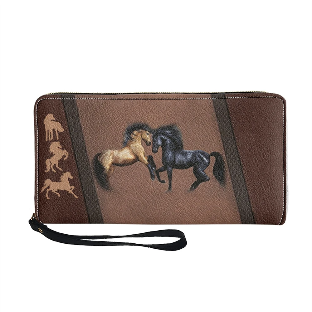 Porte-cartes de crédit multifonction pour femme, portefeuille rétro, porte-monnaie cheval, couverture de passeport longue, sac d'argent en cuir de luxe pour femme