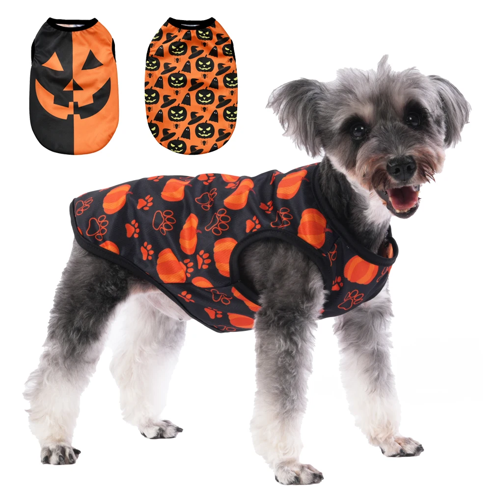 Dog Clothes Breathable Soft Pet T-shirt For Small Medium Dogs Cats Halloween Pumpkin Paw Print Dachshund Yorkshire Pug Clothing