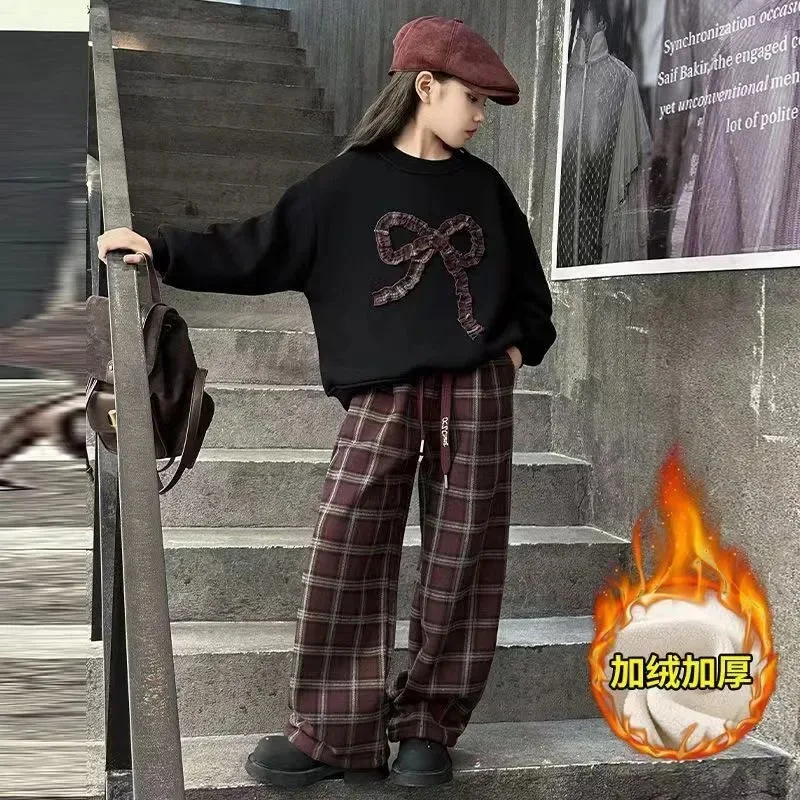 Girls' Autumn Winter Outfit New Style Big Kids Fleece Lined Thickened Stylish Plaid Pants Girls Two-Piece Set Trendy