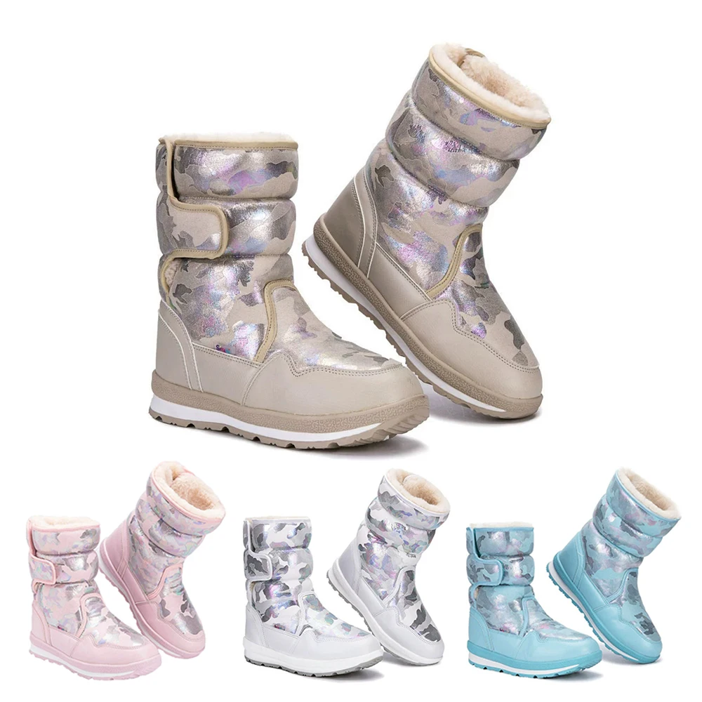 Fashion Winter Fluffy Children Snow Boot Boys Girls Waterproof Cotton Shoe Kids Warm Plush Camouflage Boot Parent-child Sneaker