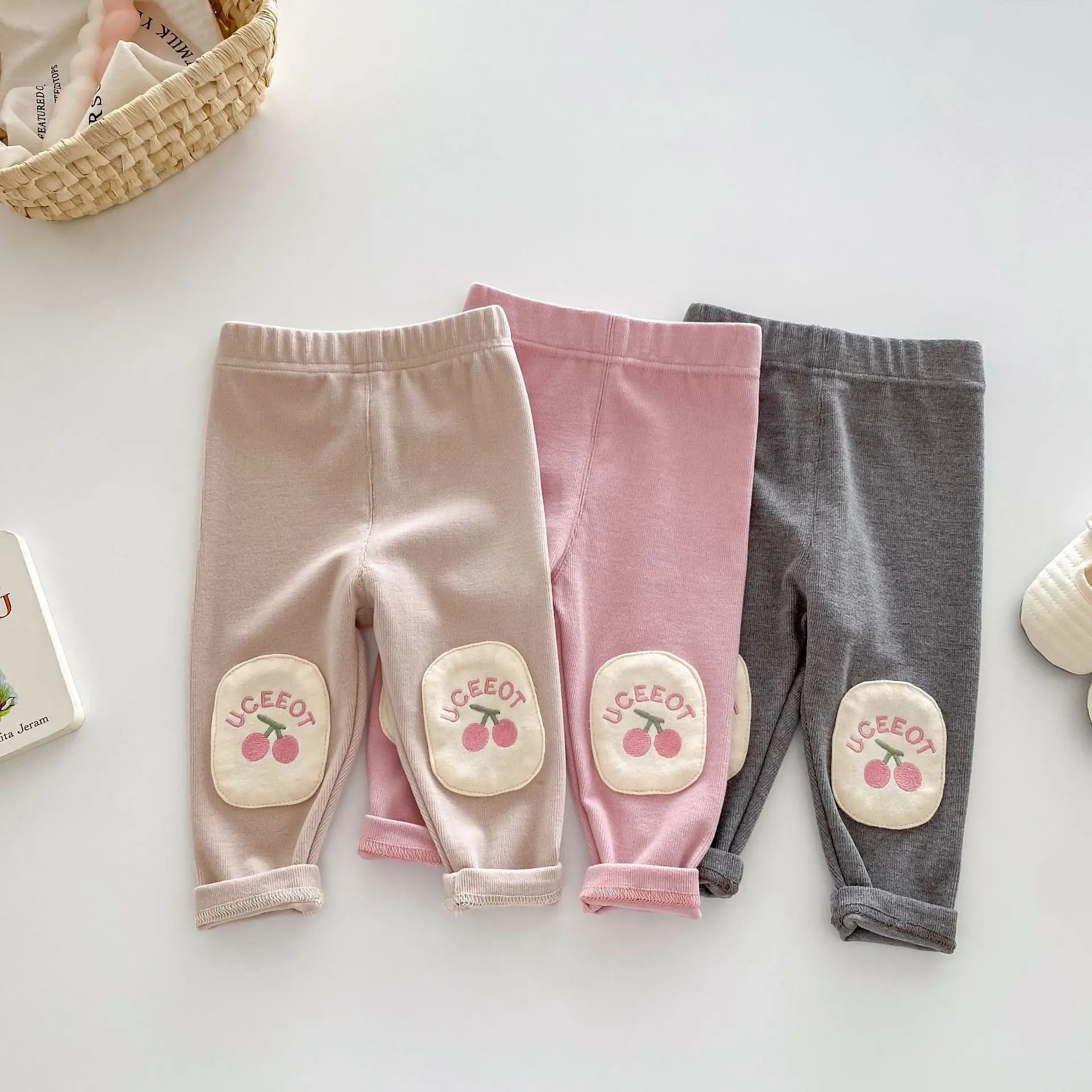Girls' Patch Casual Pants 0-5 Years Old Autumn Korean Children's Clothing Baby Cute Cherry Pants