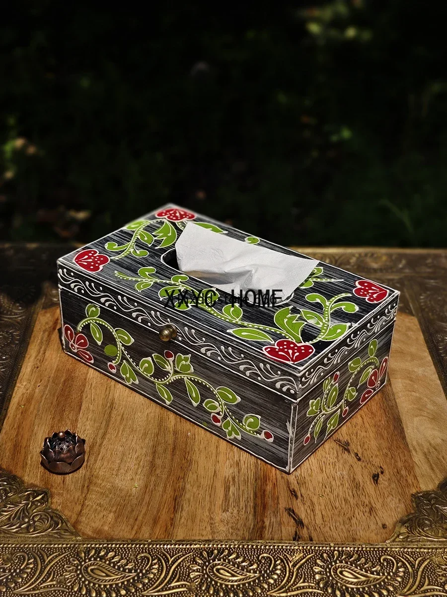 Caja de servilletas decorativa creativa de arte retro de cartón de bombeo decorativo de tejido hecho a mano pintado de madera maciza