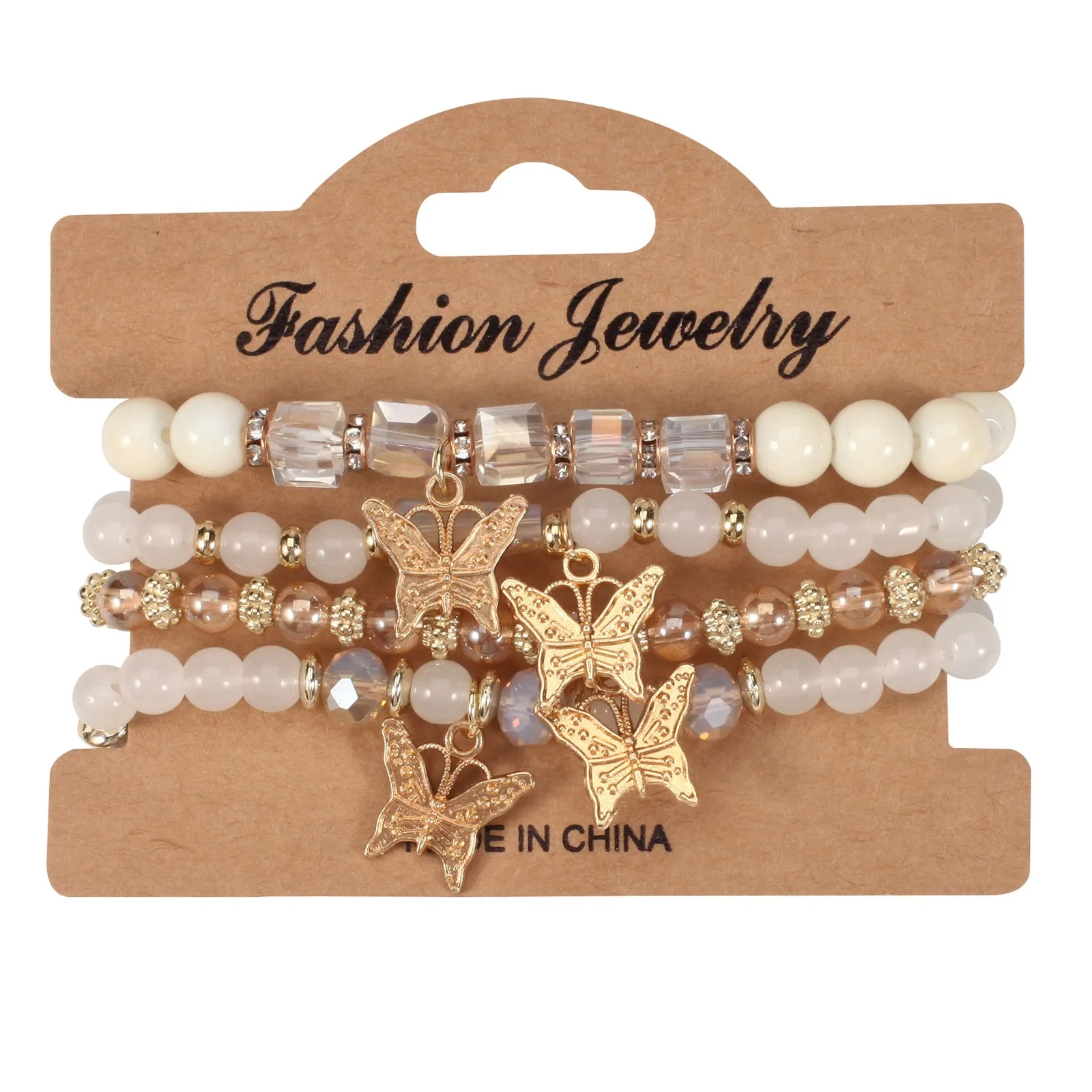 Bohemian Multi-Layer Butterfly Pendant Handmade Beaded Bracelets 4 Pieces Set Crystal Glass Rhinestone Jewelry Gift For Women