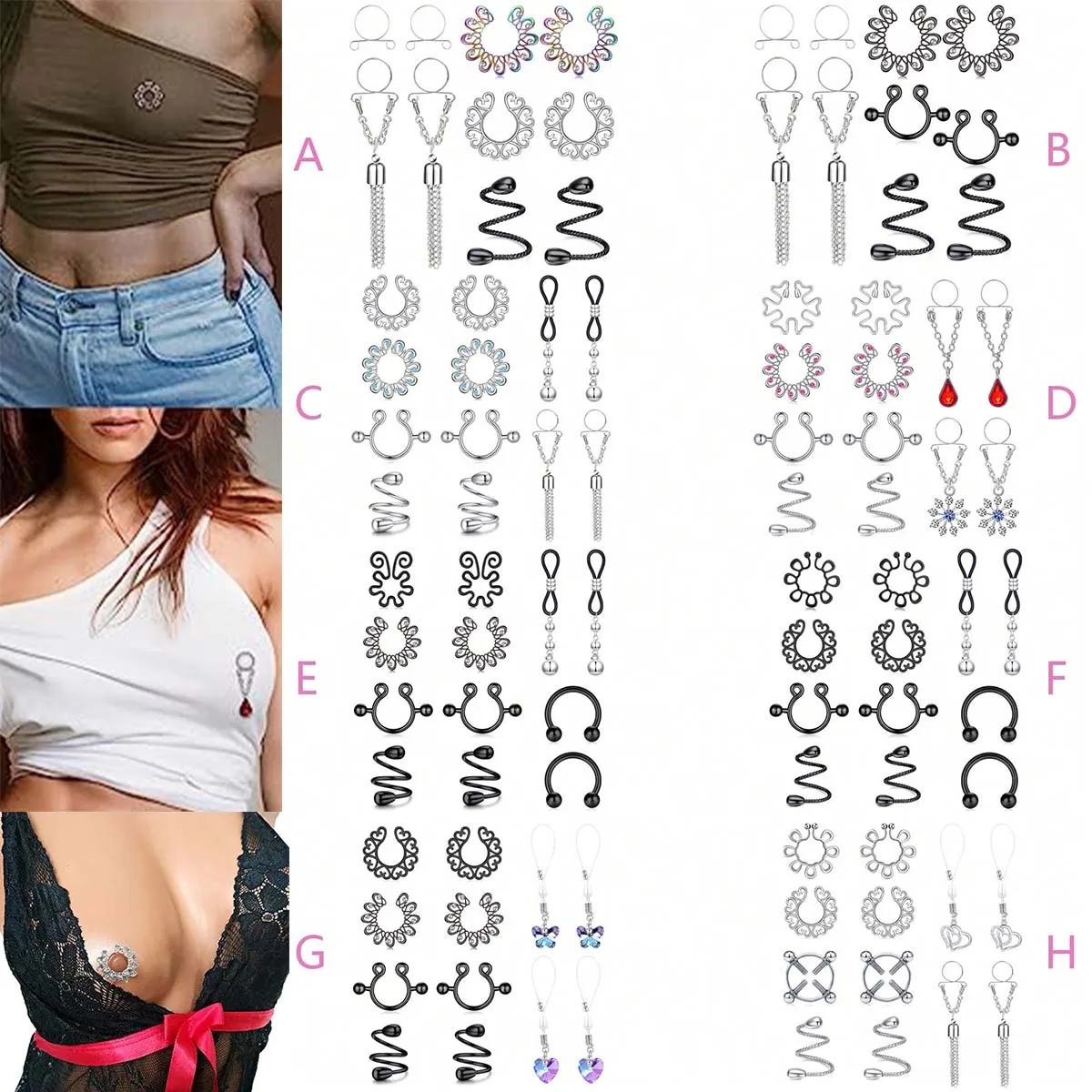 10 uds/12 Uds anillos de pezón falsos de acero inoxidable, Piercing de pezón falso, Piercing de pezón falso, anillos de pezón sin perforación