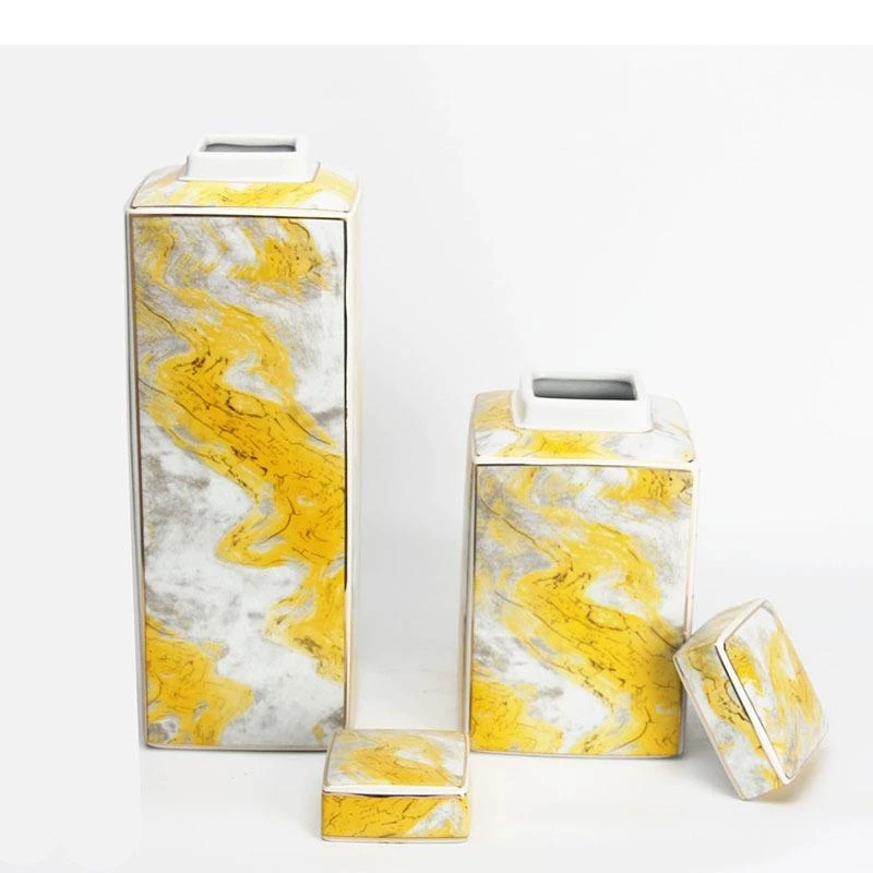 Yellow Marble Texture Storage Jar with Lids Desk Decoration Ornaments Ceramic Jars Tea Canister Candy Pots Cosmetic Containers